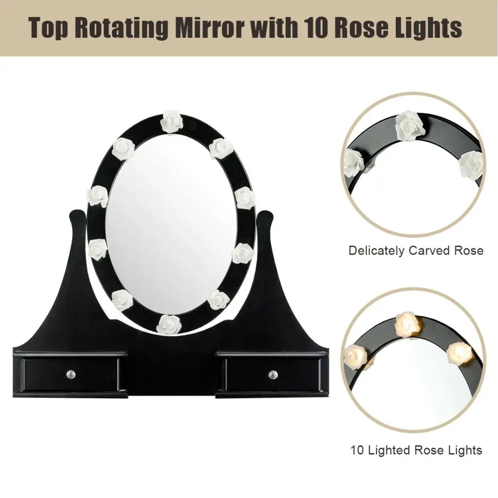 3 Drawers Lighted Mirror Vanity Dressing Table Stool Set-Black - Black - Makeup Vanities