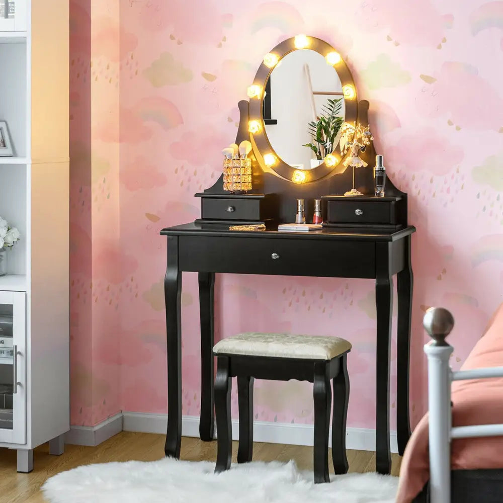 3 Drawers Lighted Mirror Vanity Dressing Table Stool Set-Black - Black - Makeup Vanities