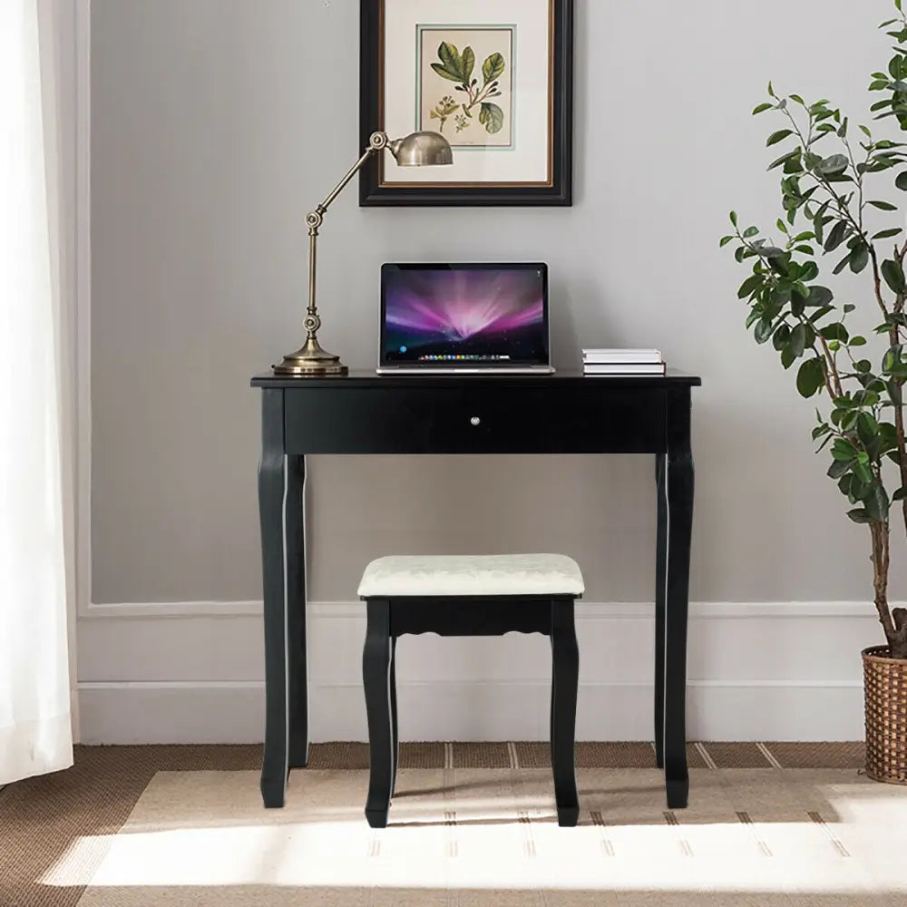 3 Drawers Lighted Mirror Vanity Dressing Table Stool Set-Black - Black - Makeup Vanities