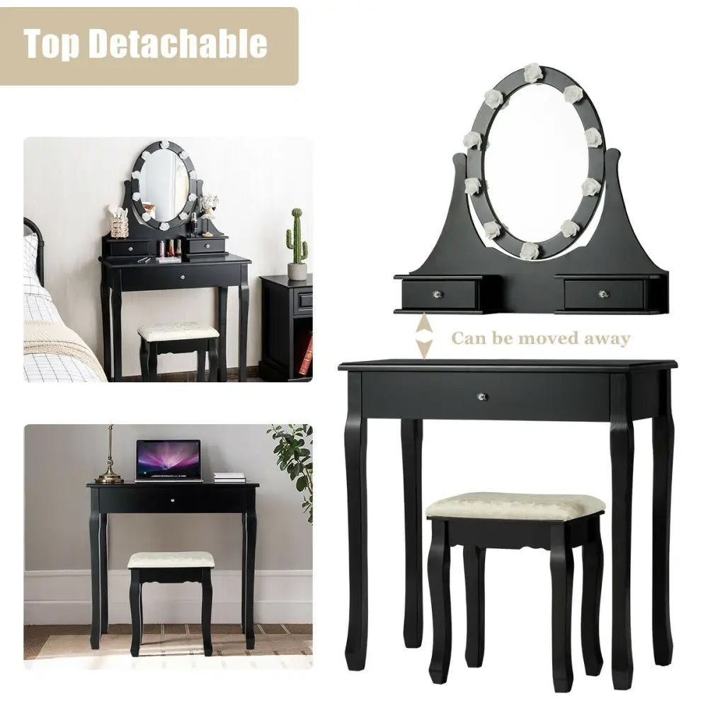 3 Drawers Lighted Mirror Vanity Dressing Table Stool Set-Black - Black - Makeup Vanities