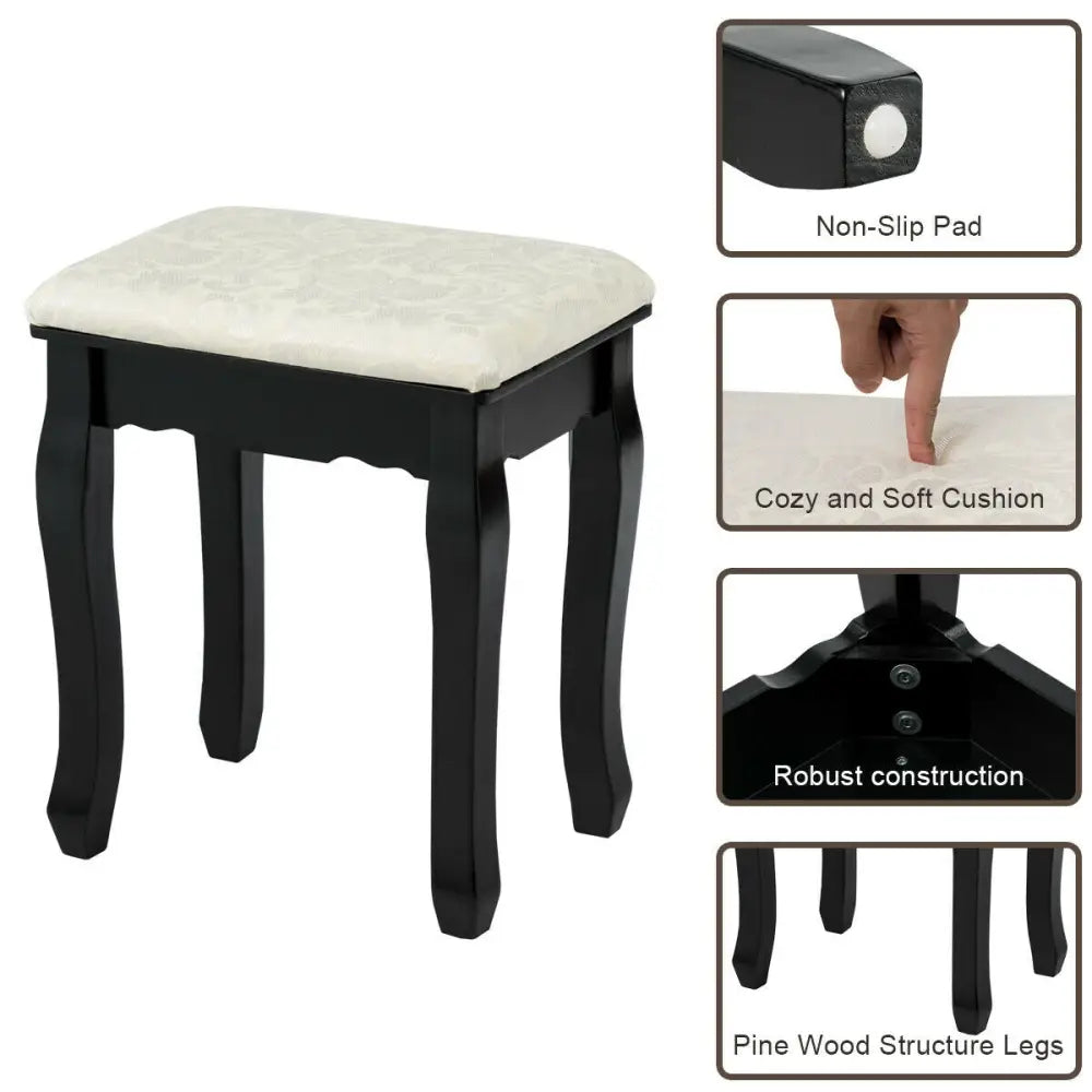 3 Drawers Lighted Mirror Vanity Dressing Table Stool Set-Black - Black - Makeup Vanities
