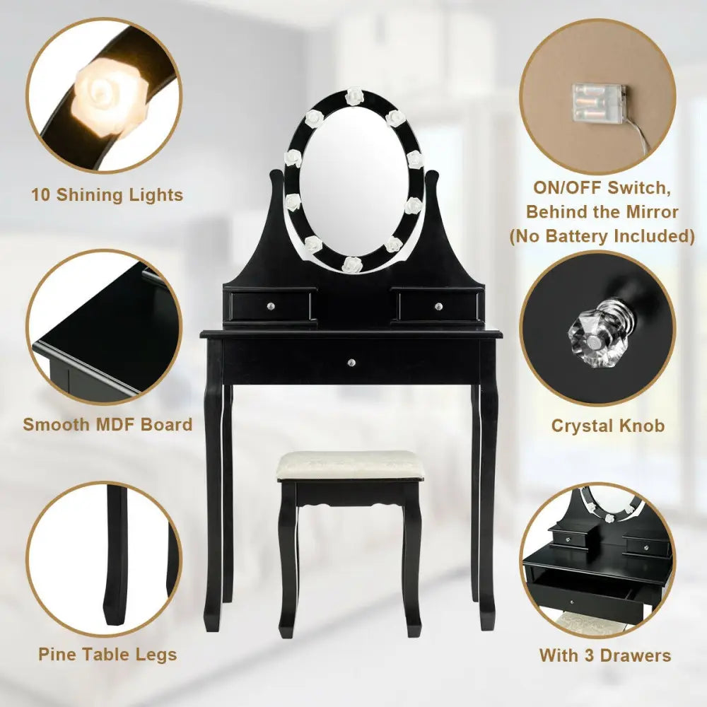 3 Drawers Lighted Mirror Vanity Dressing Table Stool Set-Black - Black - Makeup Vanities