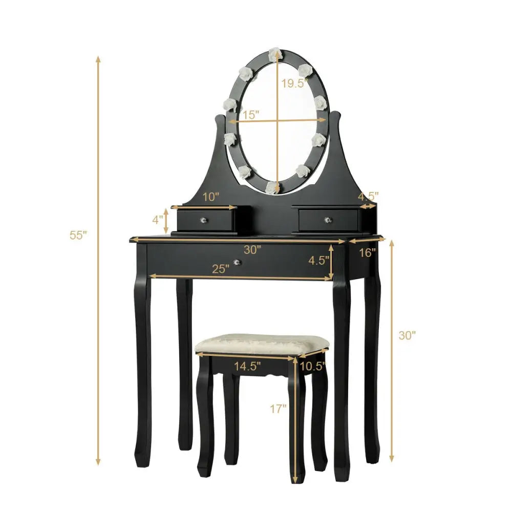 3 Drawers Lighted Mirror Vanity Dressing Table Stool Set-Black - Black - Makeup Vanities