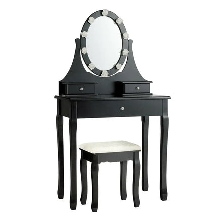 3 Drawers Lighted Mirror Vanity Dressing Table Stool Set-Black Costway