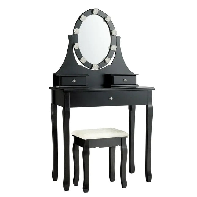 3 Drawers Lighted Mirror Vanity Dressing Table Stool Set-Black Costway