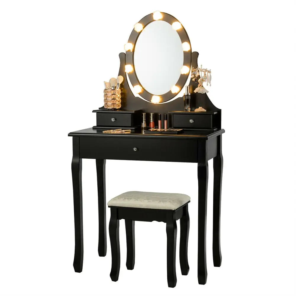3 Drawers Lighted Mirror Vanity Dressing Table Stool Set-Black - Black - Makeup Vanities