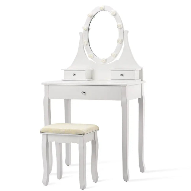 3 Drawers Lighted Mirror Vanity Makeup Dressing Table Stool Set - White - Makeup Vanities