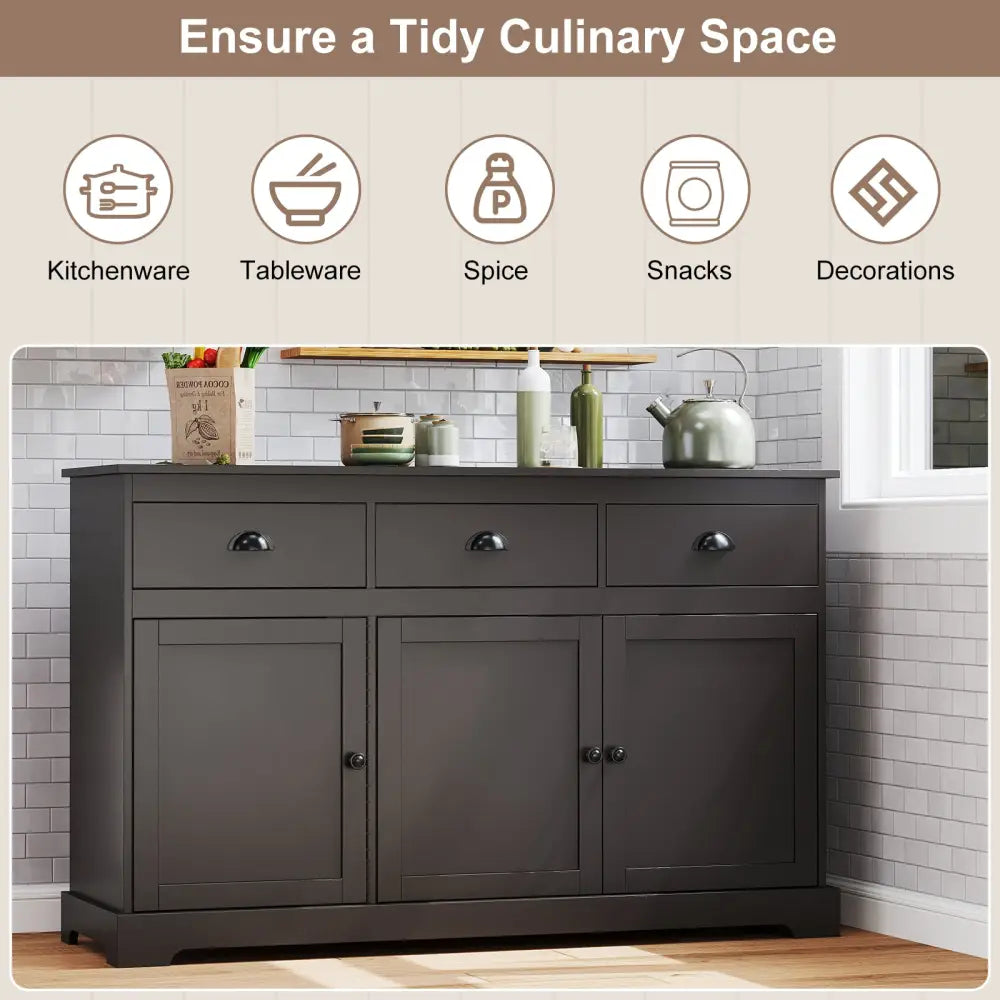 3 Drawers Sideboard Buffet Storage with Adjustable Shelves-Brown - Brown - Sideboards Cabinets & Buffets