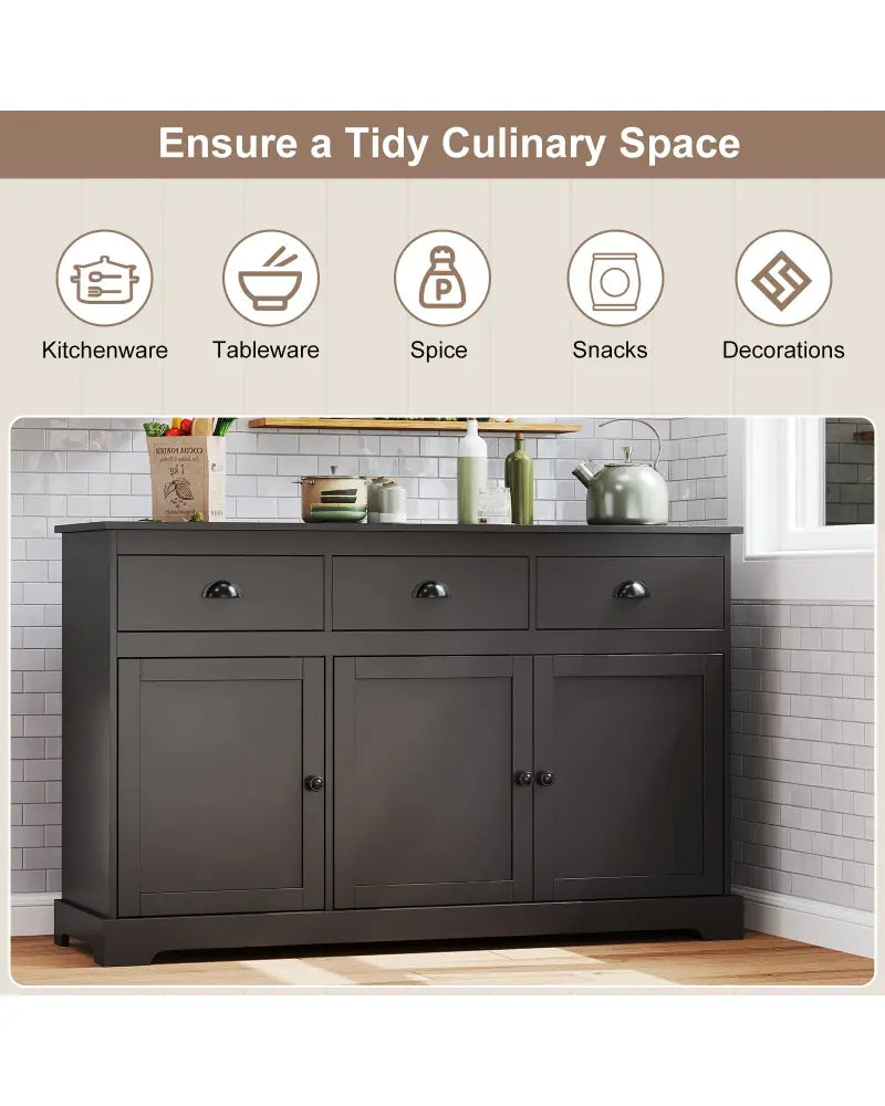 3 Drawers Sideboard Buffet Storage with Adjustable Shelves-Brown - Brown - Sideboards Cabinets & Buffets