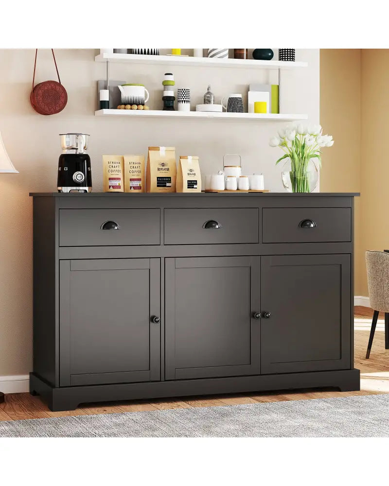 3 Drawers Sideboard Buffet Storage with Adjustable Shelves-Brown - Brown - Sideboards Cabinets & Buffets