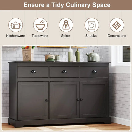 3 Drawers Sideboard Buffet Storage with Adjustable Shelves-Brown Costway
