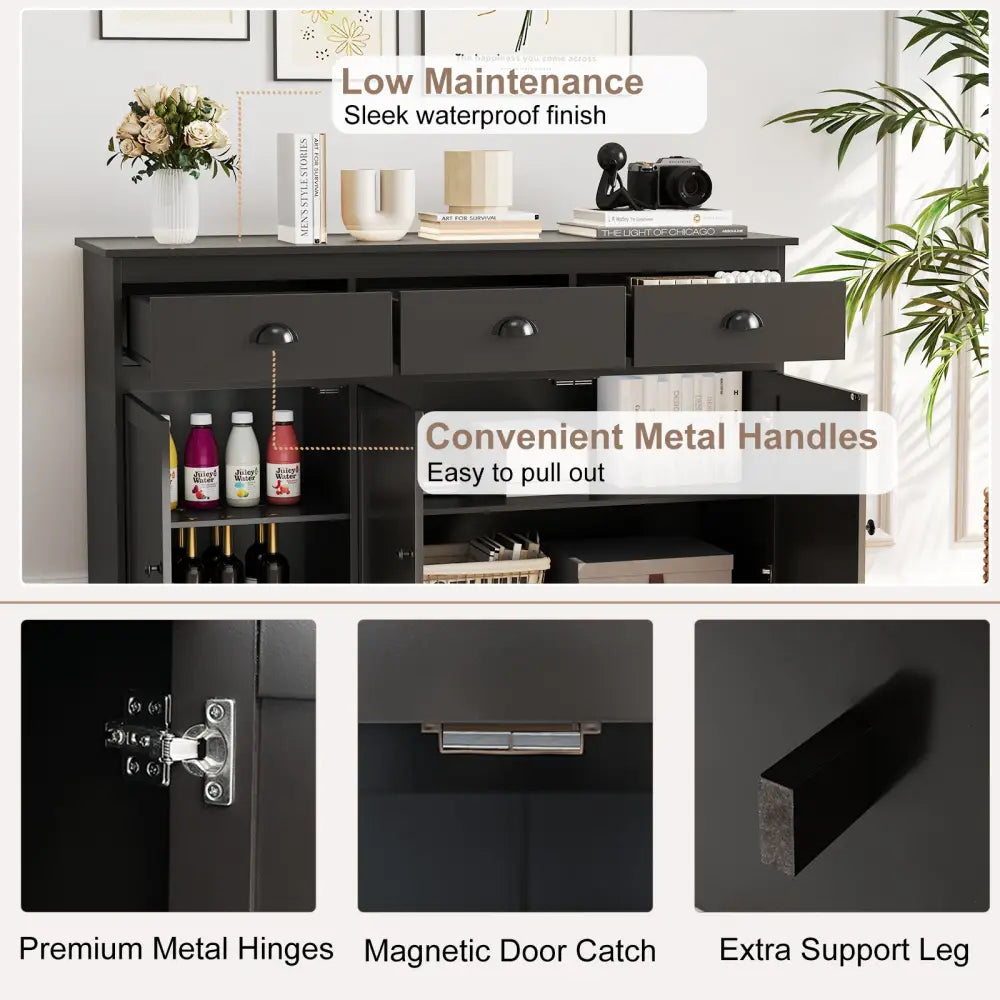 3 Drawers Sideboard Buffet Storage with Adjustable Shelves-Brown - Brown - Sideboards Cabinets & Buffets