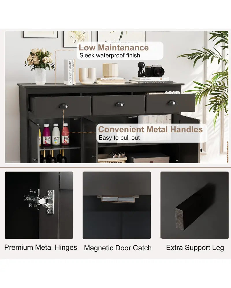 3 Drawers Sideboard Buffet Storage with Adjustable Shelves-Brown - Brown - Sideboards Cabinets & Buffets