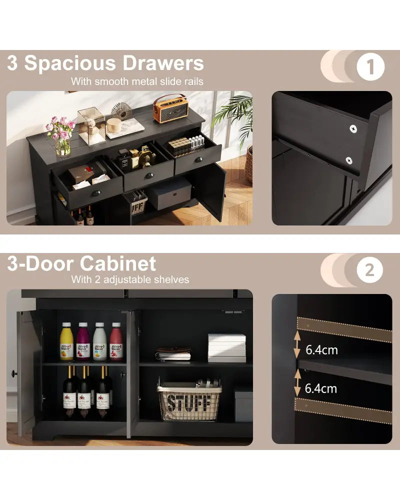 3 Drawers Sideboard Buffet Storage with Adjustable Shelves-Brown - Brown - Sideboards Cabinets & Buffets