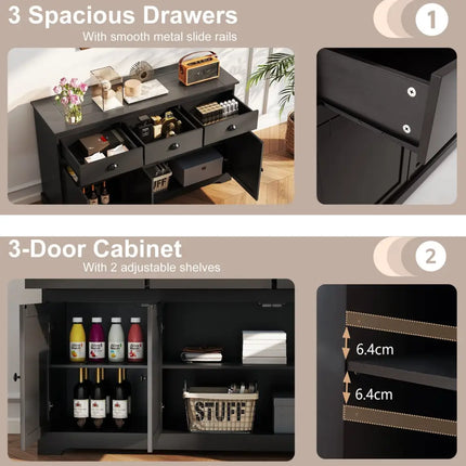 3 Drawers Sideboard Buffet Storage with Adjustable Shelves-Brown Costway
