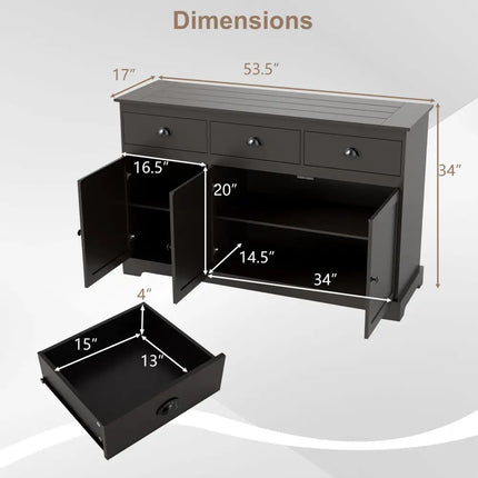 3 Drawers Sideboard Buffet Storage with Adjustable Shelves-Brown Costway