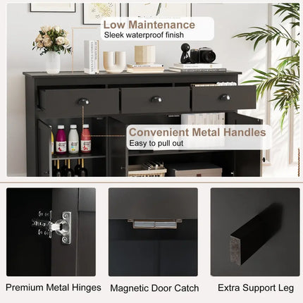 3 Drawers Sideboard Buffet Storage with Adjustable Shelves-Brown Costway