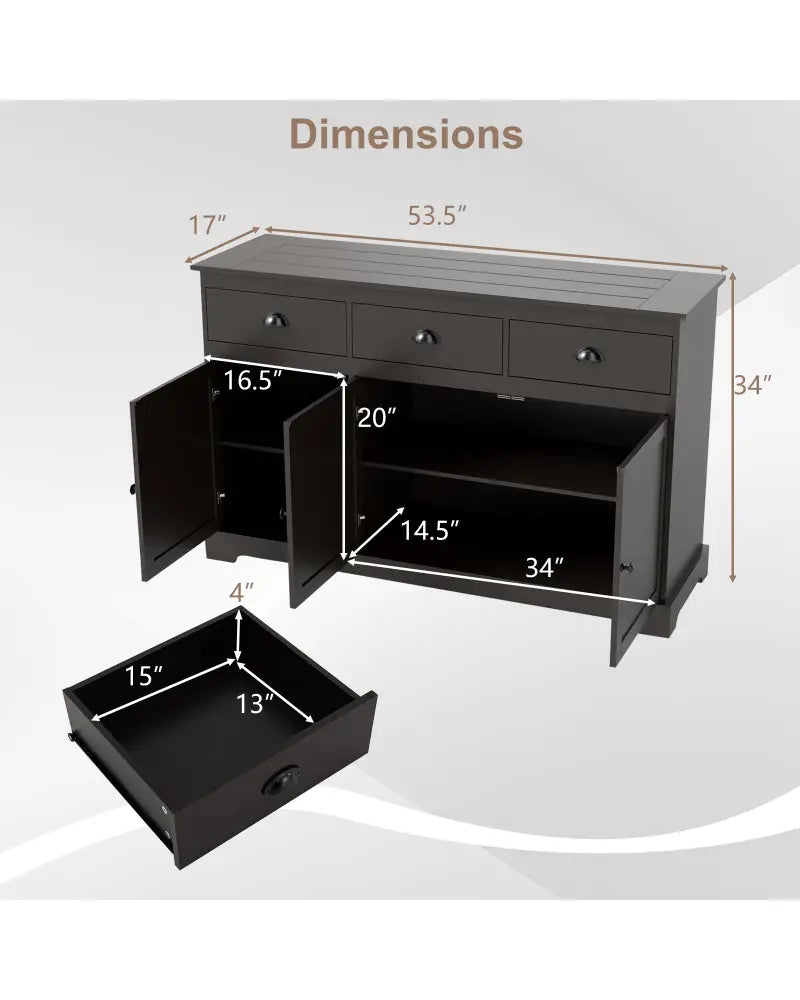 3 Drawers Sideboard Buffet Storage with Adjustable Shelves-Brown - Brown - Sideboards Cabinets & Buffets