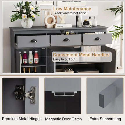 3 Drawers Sideboard Buffet Storage with Adjustable Shelves-Gray Costway
