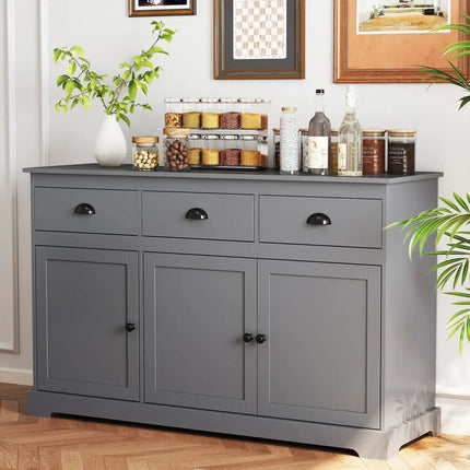 3 Drawers Sideboard Buffet Storage with Adjustable Shelves-Gray Costway