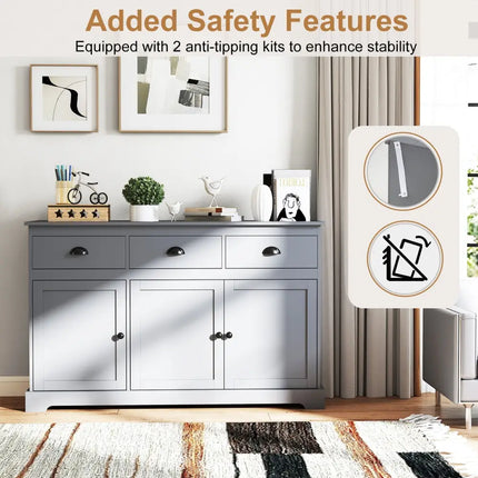 3 Drawers Sideboard Buffet Storage with Adjustable Shelves-Gray Costway