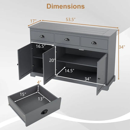 3 Drawers Sideboard Buffet Storage with Adjustable Shelves-Gray Costway