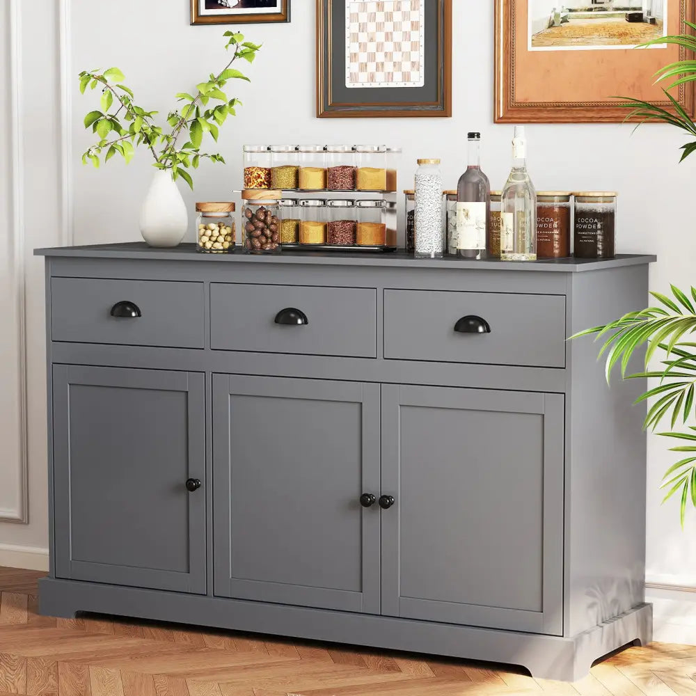 3 Drawers Sideboard Buffet Storage with Adjustable Shelves-Gray - Gray - Sideboards Cabinets & Buffets