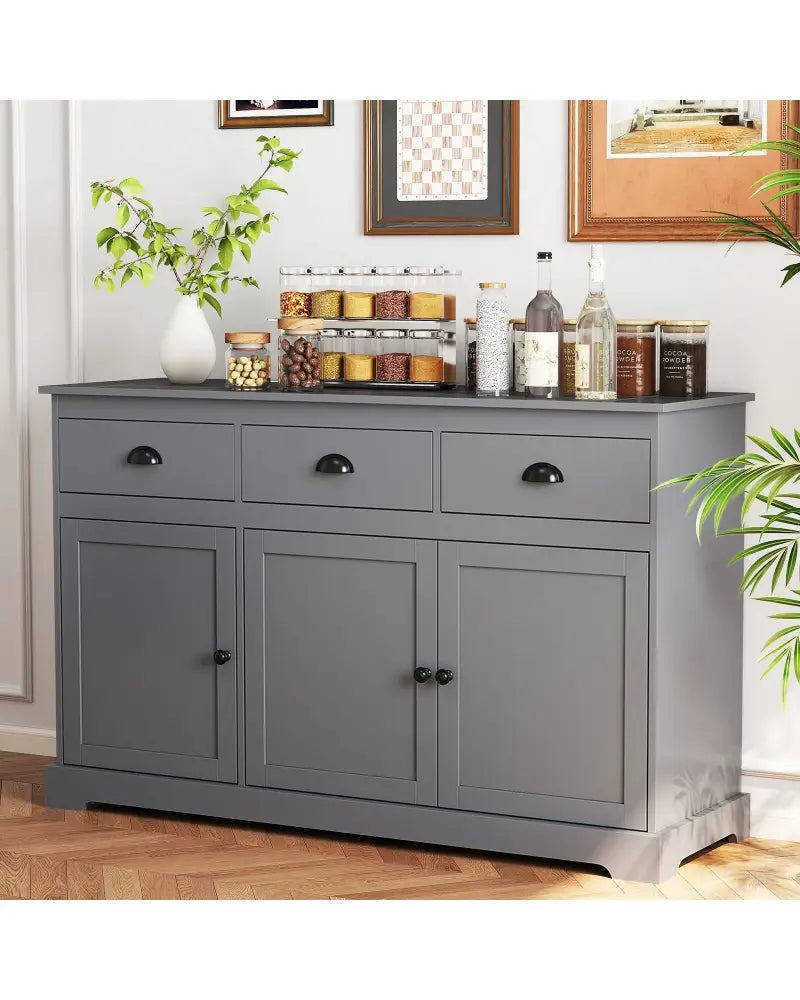 3 Drawers Sideboard Buffet Storage with Adjustable Shelves-Gray - Gray - Sideboards Cabinets & Buffets