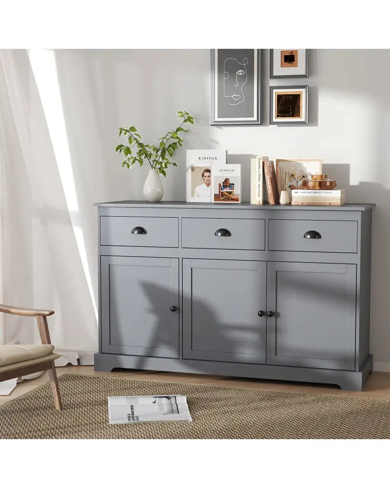 3 Drawers Sideboard Buffet Storage with Adjustable Shelves-Gray - Gray - Sideboards Cabinets & Buffets