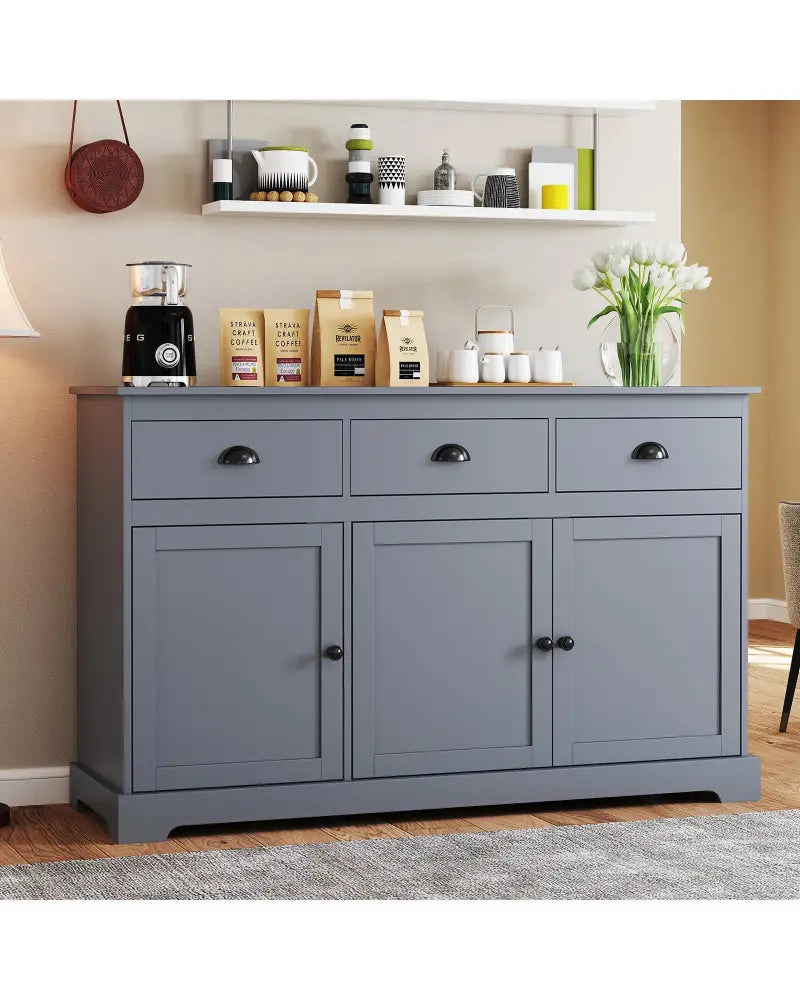 3 Drawers Sideboard Buffet Storage with Adjustable Shelves-Gray - Gray - Sideboards Cabinets & Buffets