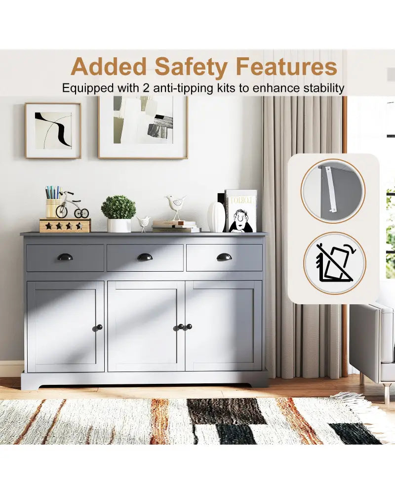 3 Drawers Sideboard Buffet Storage with Adjustable Shelves-Gray - Gray - Sideboards Cabinets & Buffets