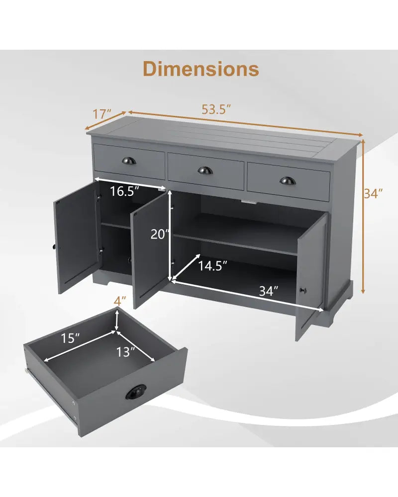 3 Drawers Sideboard Buffet Storage with Adjustable Shelves-Gray - Gray - Sideboards Cabinets & Buffets