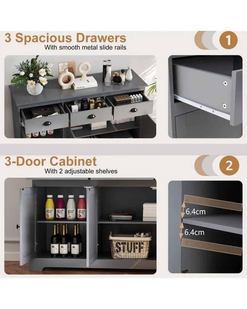 3 Drawers Sideboard Buffet Storage with Adjustable Shelves-Gray - Gray - Sideboards Cabinets & Buffets