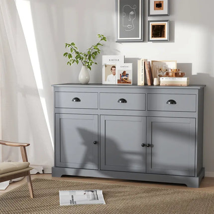 3 Drawers Sideboard Buffet Storage with Adjustable Shelves-Gray Costway