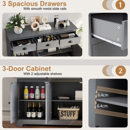 3 Drawers Sideboard Buffet Storage with Adjustable Shelves-Gray Costway