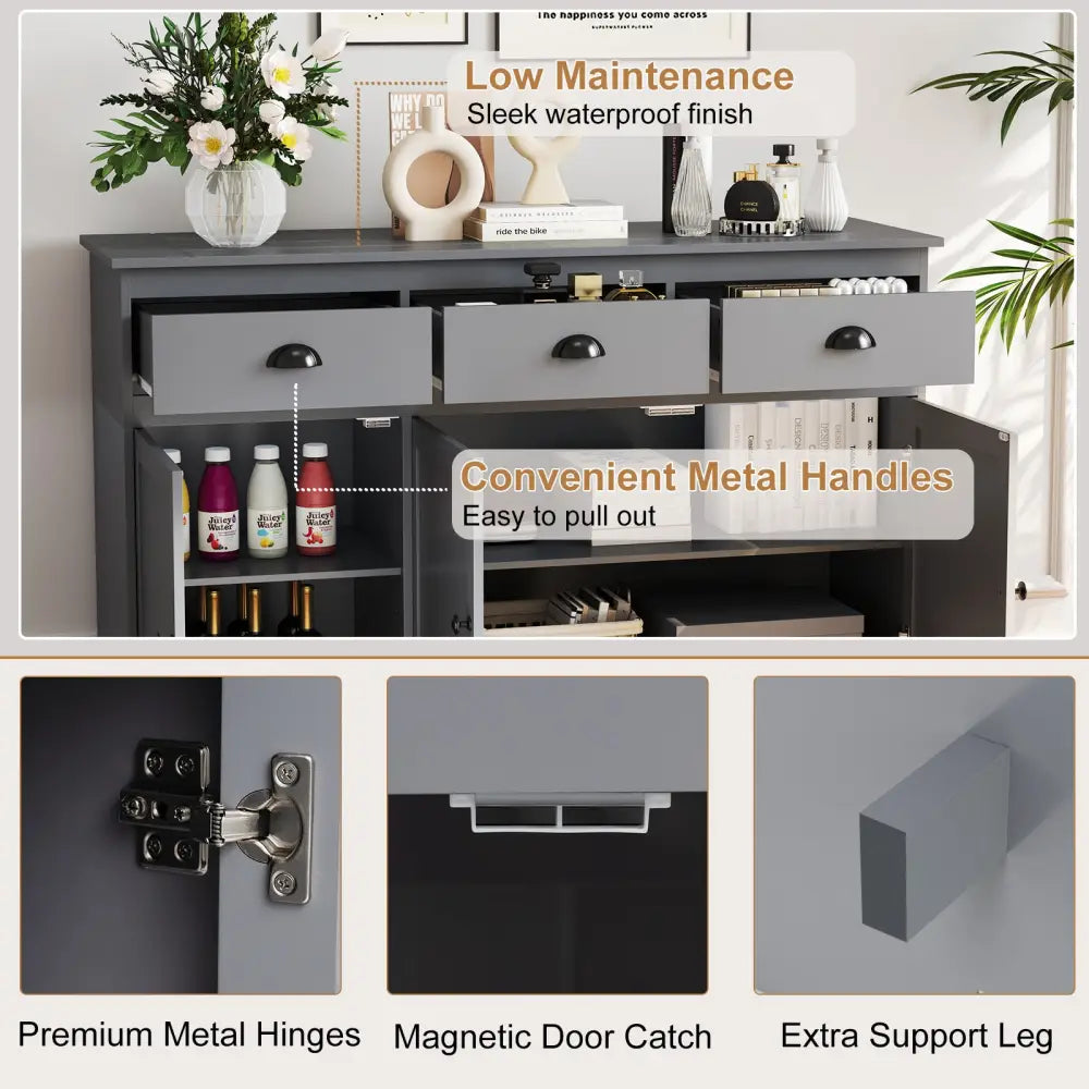 3 Drawers Sideboard Buffet Storage with Adjustable Shelves-Gray - Gray - Sideboards Cabinets & Buffets