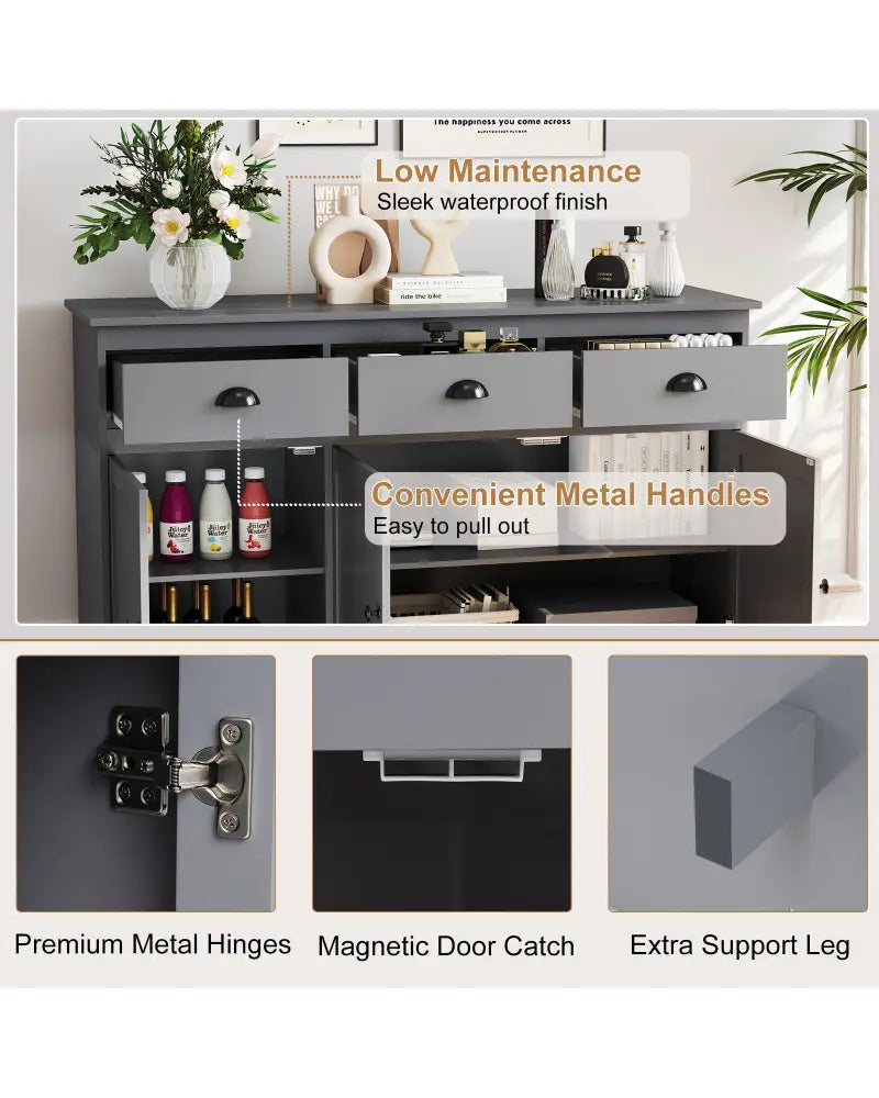 3 Drawers Sideboard Buffet Storage with Adjustable Shelves-Gray - Gray - Sideboards Cabinets & Buffets