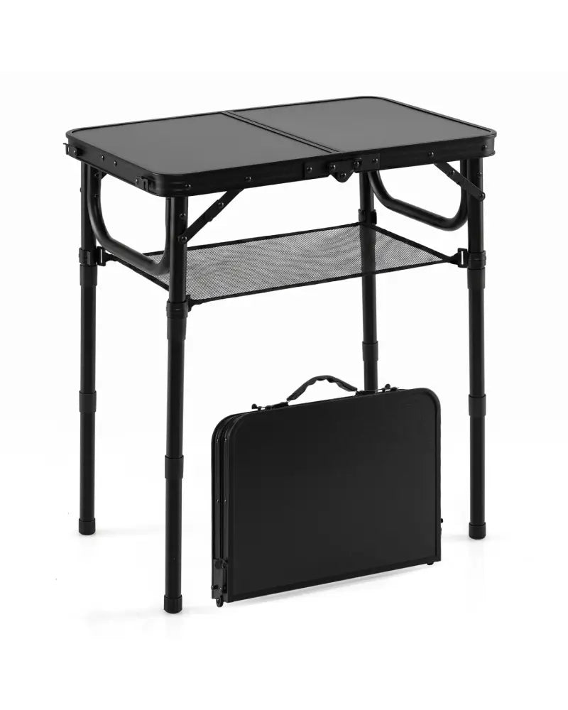 3-Height Folding Camping Table with Large Storage Net & Handle-Black - Black - Camping Furniture