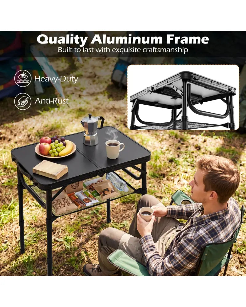 3-Height Folding Camping Table with Large Storage Net & Handle-Black - Black - Camping Furniture