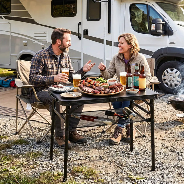 3-Height Folding Camping Table with Large Storage Net & Handle-Black - Black - Camping Furniture