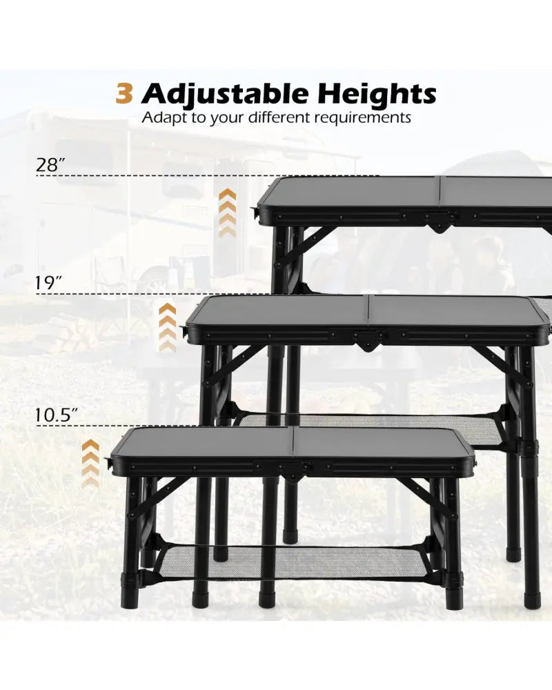 3-Height Folding Camping Table with Large Storage Net & Handle-Black - Black - Camping Furniture