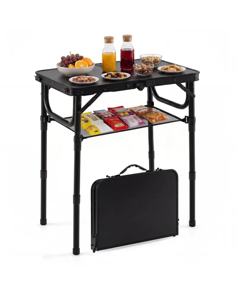 3-Height Folding Camping Table with Large Storage Net & Handle-Black - Black - Camping Furniture