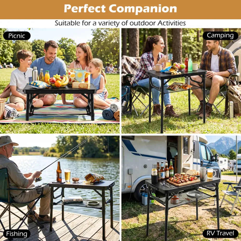3-Height Folding Camping Table with Large Storage Net & Handle-Black - Black - Camping Furniture