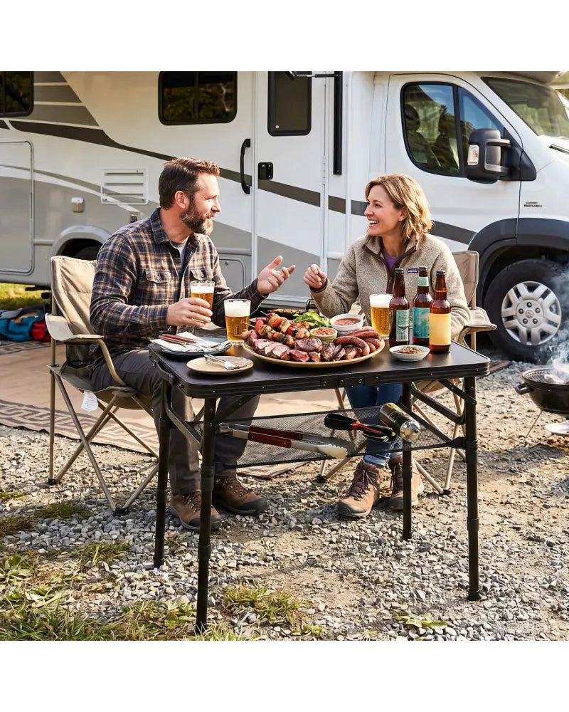 3-Height Folding Camping Table with Large Storage Net & Handle-Black - Black - Camping Furniture