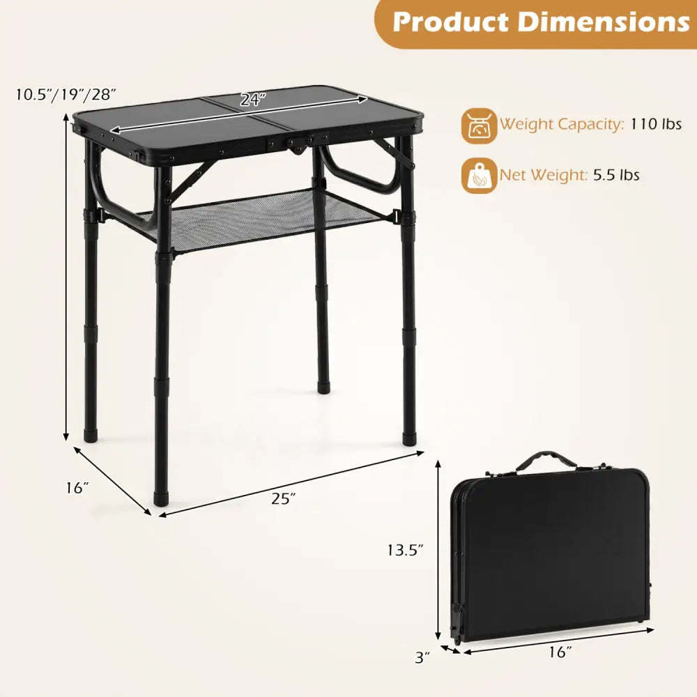 3-Height Folding Camping Table with Large Storage Net & Handle-Black - Black - Camping Furniture