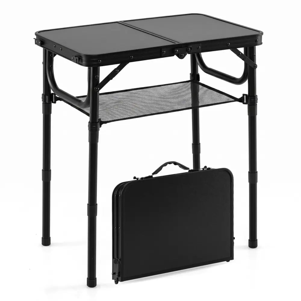 3-Height Folding Camping Table with Large Storage Net & Handle-Black - Black - Camping Furniture