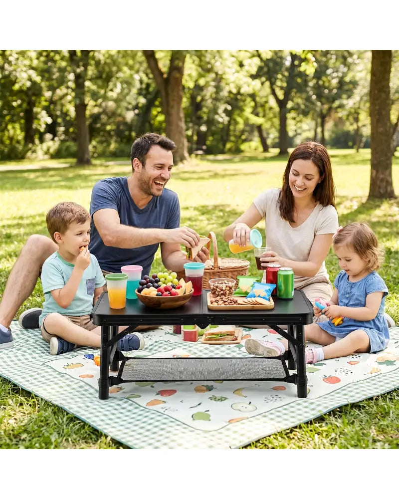 3-Height Folding Camping Table with Large Storage Net & Handle-Black - Black - Camping Furniture