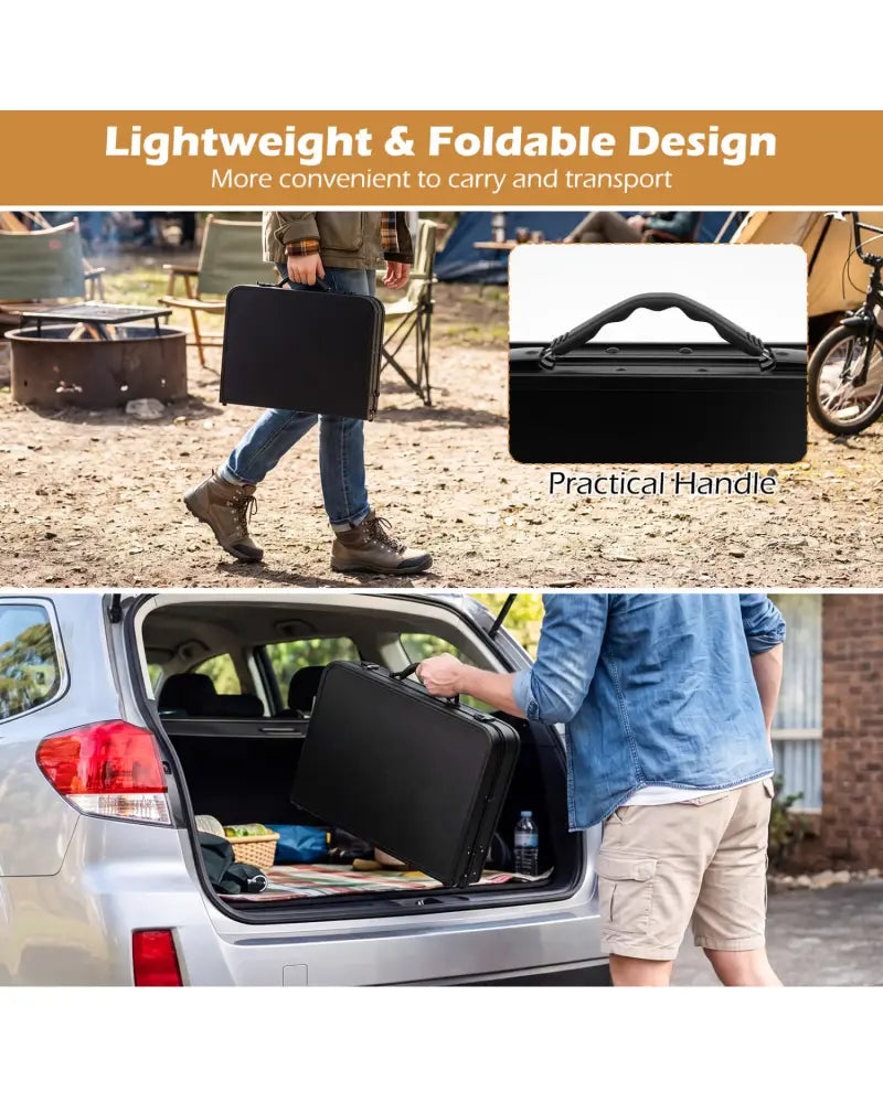 3-Height Folding Camping Table with Large Storage Net & Handle-Black - Black - Camping Furniture