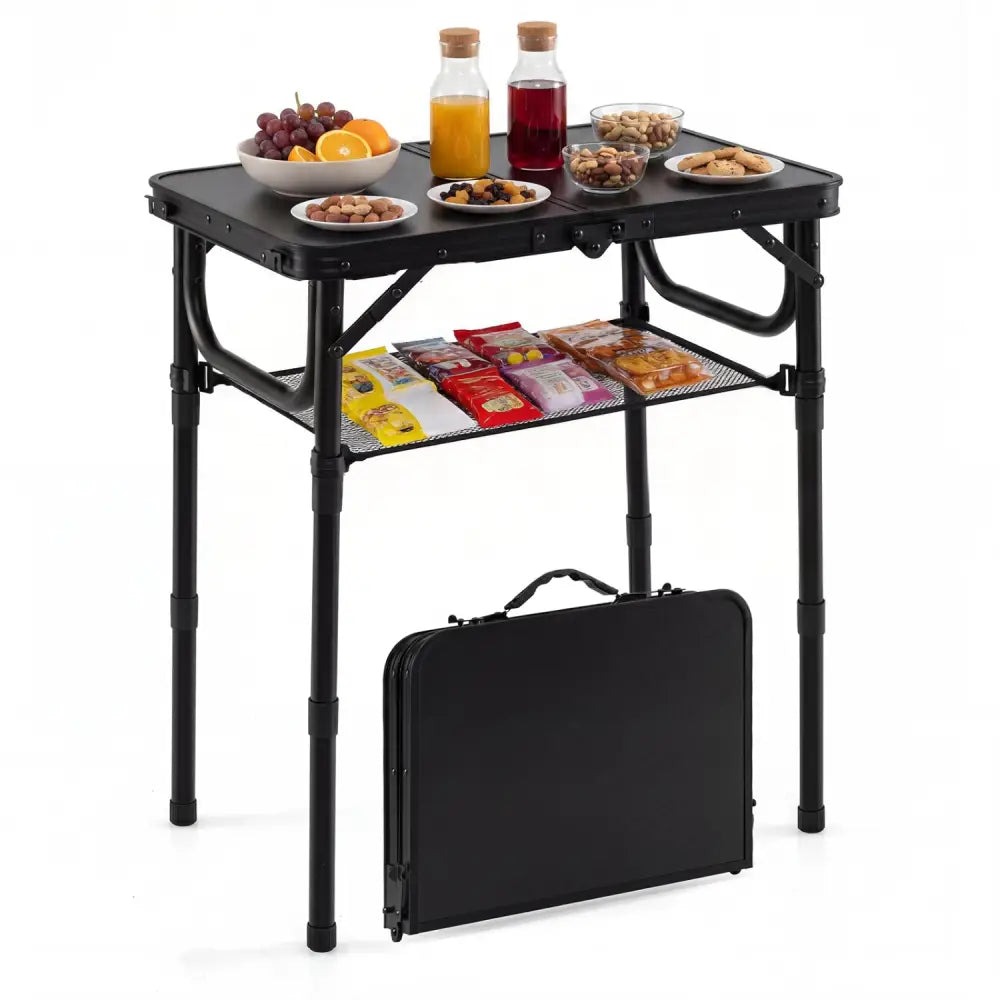 3-Height Folding Camping Table with Large Storage Net & Handle-Black - Black - Camping Furniture