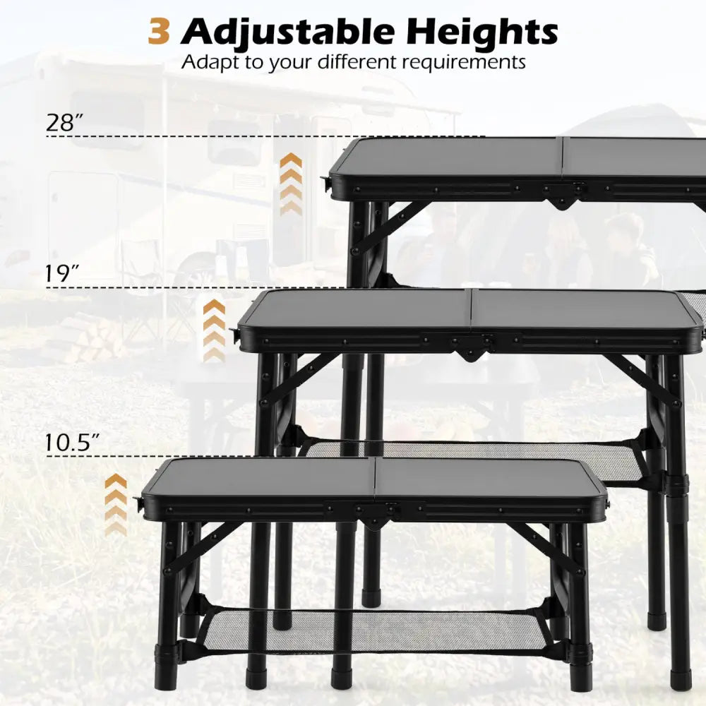 3-Height Folding Camping Table with Large Storage Net & Handle-Black - Black - Camping Furniture